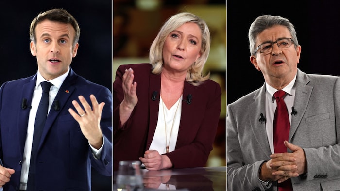 Montage photos d'Emmanuel Macron, Marine Le Pen et Jean-Luc Mélenchon.