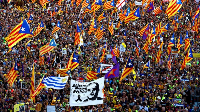 Rassemblement d'organisations séparatistes catalanes pour manifester contre le procès des dirigeants catalans et appeler à l'autodétermination, à Madrid, Espagne, le 16 mars 2019. 