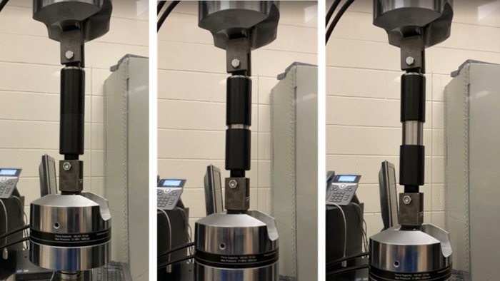 Trois photo du maillon montrent sa réaction sous la tension d'une machine.
