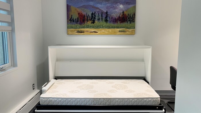 Un lit encastrable dans le coin d'une chambre. Une toile est au dessus du lit.