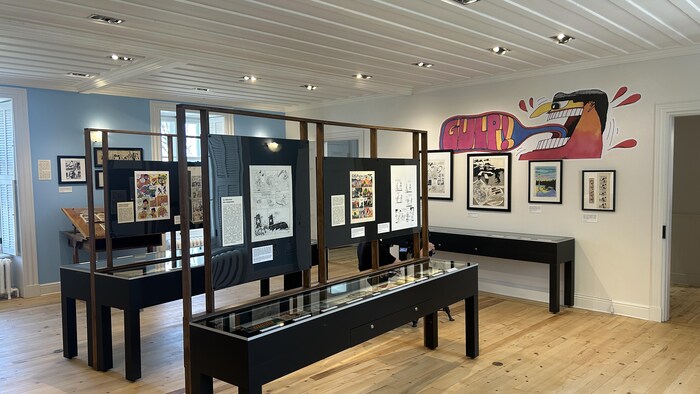 Dans planches de dessins sont en montre dans des présentoirs et sur les murs dans une salle d'exposition.