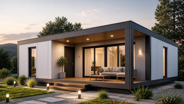 Modélisation d'une maison de type plein pied, dans un décor avec plusieurs arbres et une colline au loin.