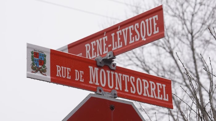 Une photo des panneaux indicateurs de l'intersection entre les rues René-Lévesque et Mountsorrel de New Carlisle.