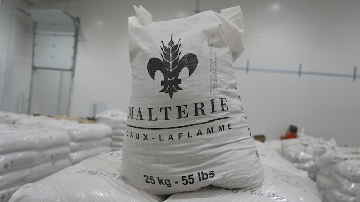 Un sac blanc rempli de grain dans un entrepôt.
