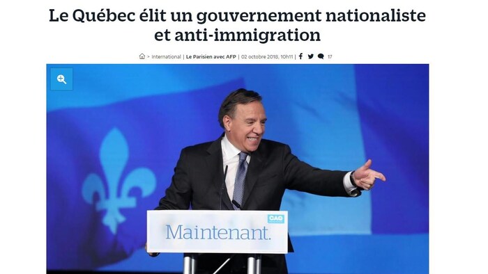 "Quebec elige un gobierno nacionalista y antiinmigración", titulaba el diario francés "Le Parisien" el día después de la victoria del CAQ.