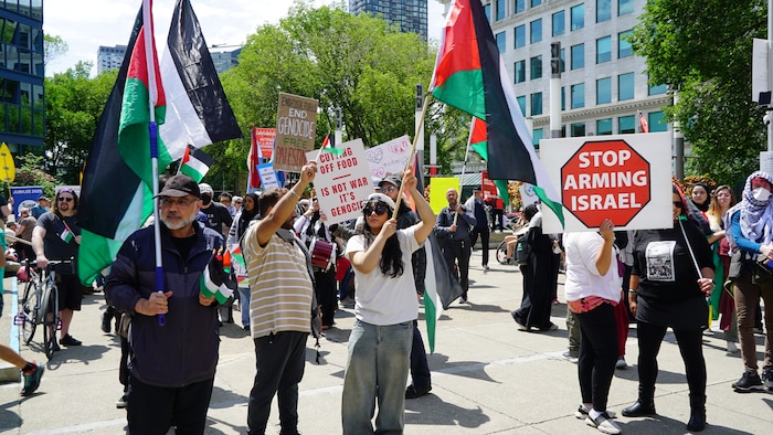 Des personnes tiennent des drapeaux palestiniens.
