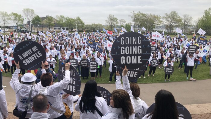 Photo de plus d'une centaine de personnes vêtues de blousons blancs, à l'extérieur, agitant des drapeaux et des pancartes.