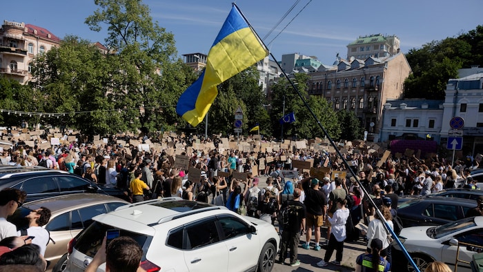 Des manifestants brandissent un drapeau ukrainien et des pancartes.