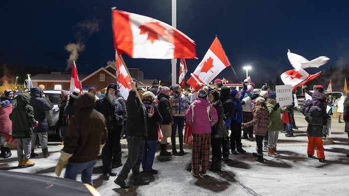 Des manifestants rassemblés à l'extérieur avec des drapeaux du Canada.