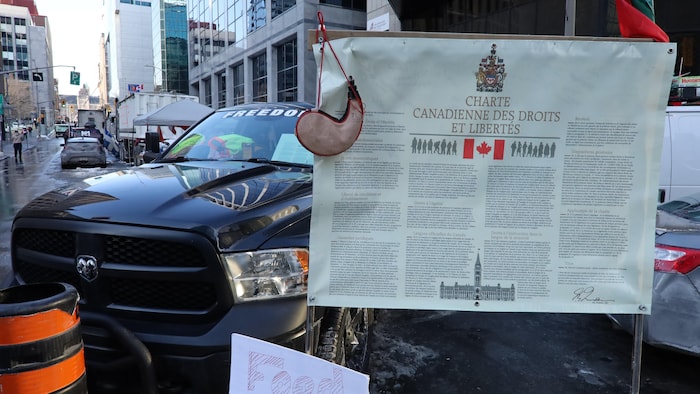 Una perdona muestra la Carta Canadiense de Derechos y Libertades durante una manifestación de camioneros.