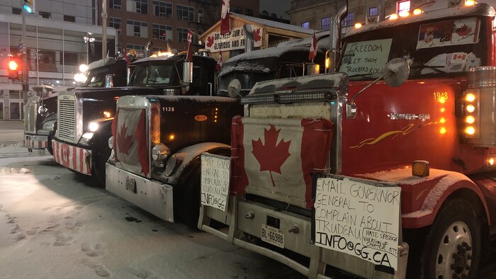 Trucks are seen parked in downtown Ottawa on Feb. 2. 