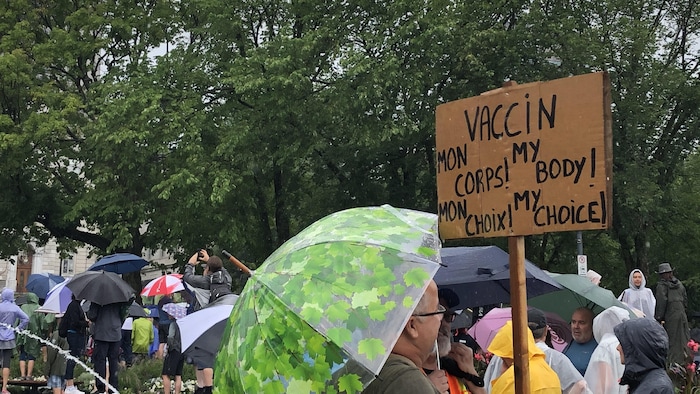 Un manifestant brandissant une affiche contre le vaccin.