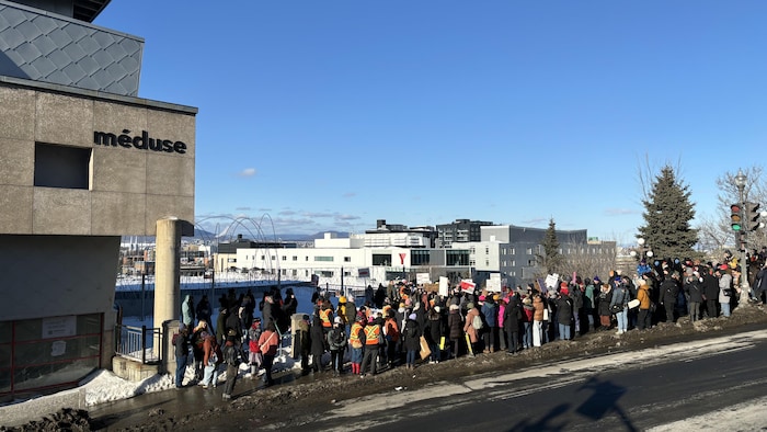 Des manifestants tiennent des pancartes. 