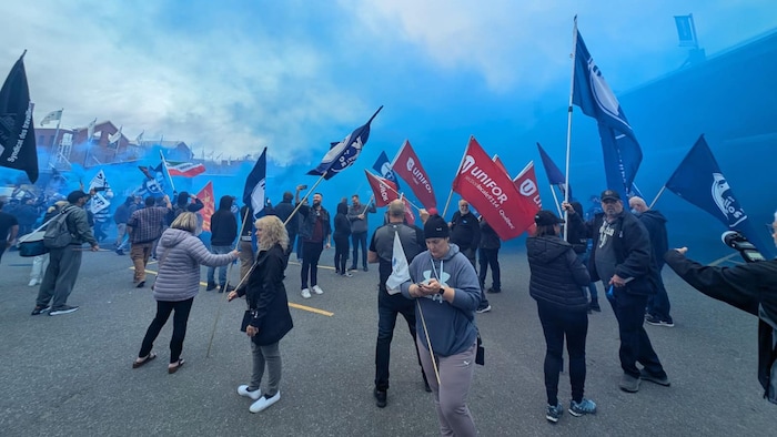 Des manifestants avec des drapeaux devant un nuage bleu.