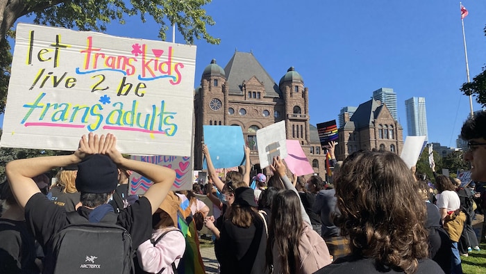 Des manifestants devant Queen's Park, dont un tient une pancarte disant : « Laissez les enfants trans devenir des adultes trans ».