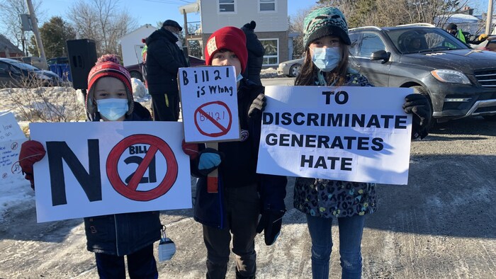 Tres niños llevan pancartas que denuncian la Ley 21.