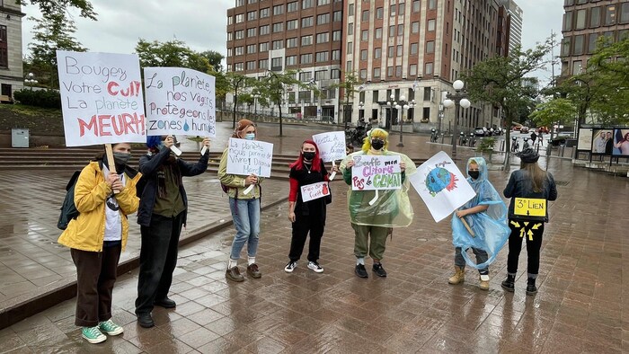 Des manifestants tenant des pancartes.