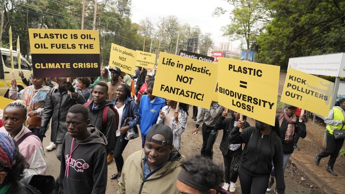Des manifestants dans les rues de Nairobi tiennent des pancartes.