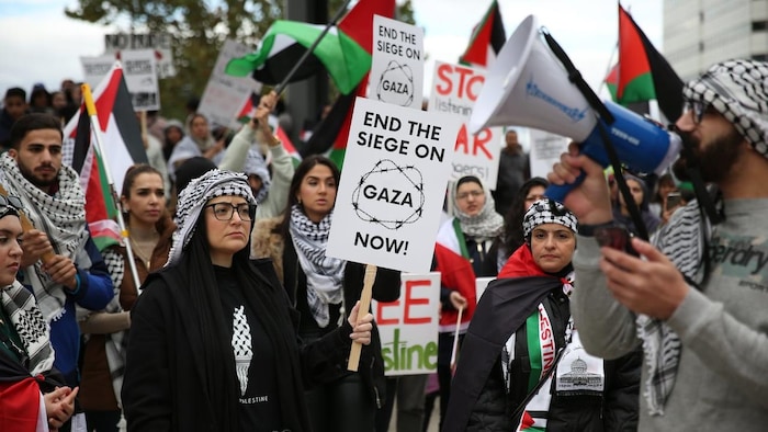 أشخاص يحملون أعلام فلسطينية ولافتات.