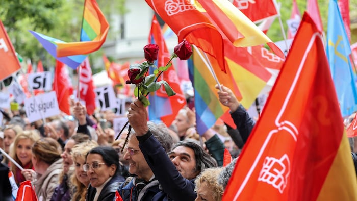 Dans une foule de manifestants tenant des drapeaux du parti socialiste espagnol ou des drapeaux LGBTQ+, un homme tient des roses.
