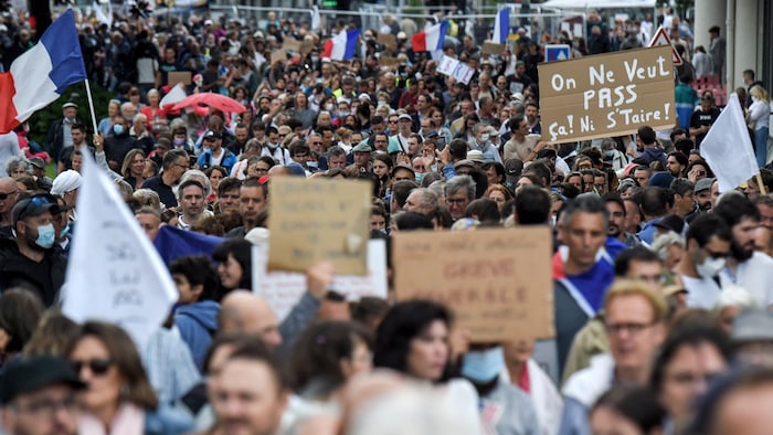 Des manifestants brandissent des pancartes lors d'une manifestation contre le pass sanitaire, à Nantes en juillet 2021.