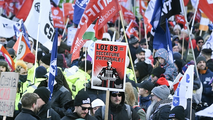 Des manifestants avec des pancartes.