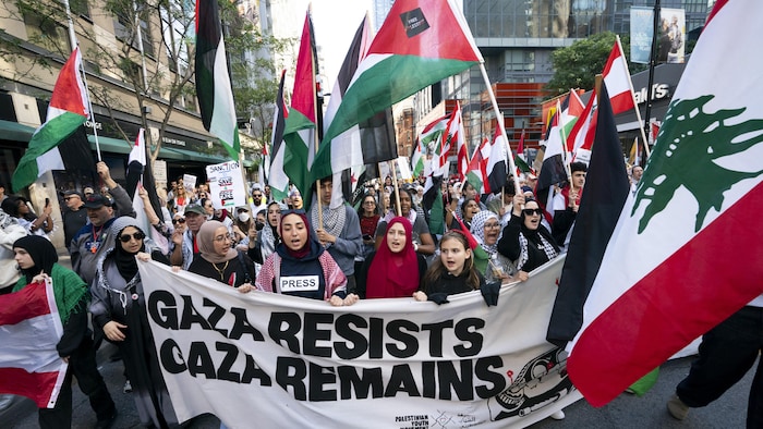 Des personnes manifestent avec des drapeaux palestiniens et une banderole.
