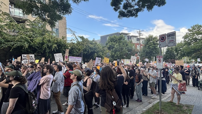 Des manifestants tiennent des pancartes.
