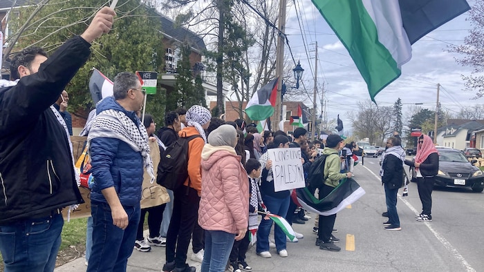 Des adultes et des jeunes arborant des drapeaux palestiniens et des pancartes, l'une disant «Free Palestine» et l'autre «Long Live Palestine», sur le bord d'une rue.