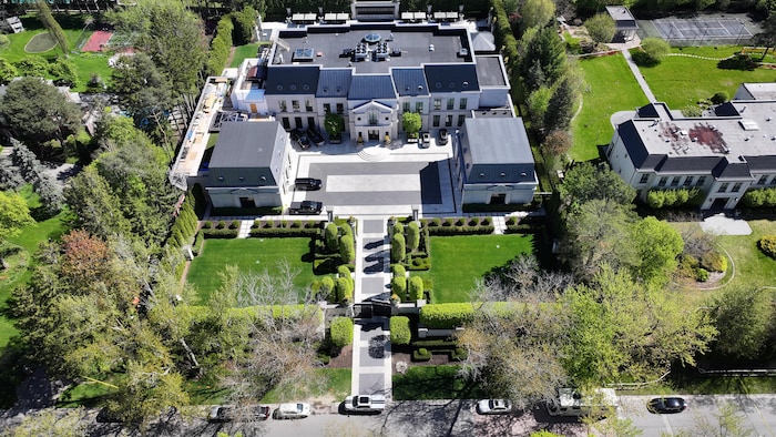 An aerial image of Drake's sprawling 50,000-square-foot mansion and compound in the upscale Bridle Path neighbourhood of Toronto. 