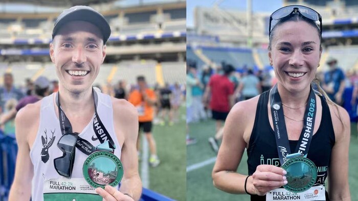 Photo montage d'un homme et d'une femme, avec une médaille au cou, le 14 juin 2025 à Winnipeg.