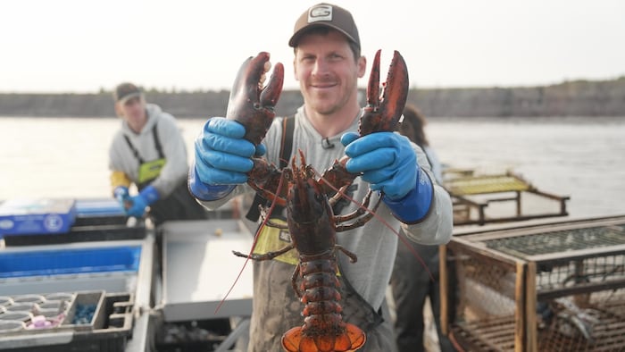 Le capitaine du Byron’s Bay, Marc Thériault, tient un homard dans ses mains.
