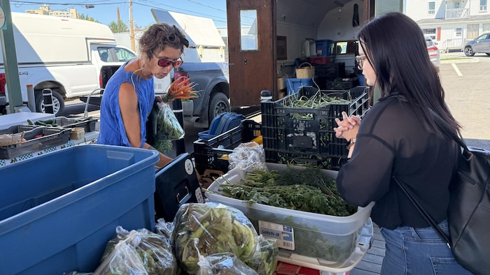 Nancy Marcotte, les mains croisées derrière ses produits dans un kiosque, avec une cliente qui tient un sac de légumes verts et des carottes dans sa main.