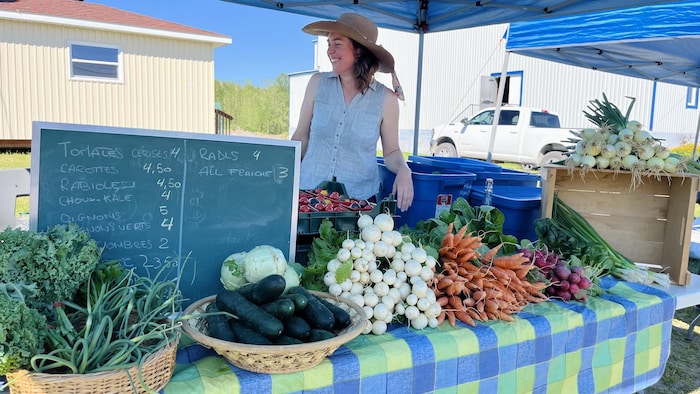 Une productrice se tient derrière son kiosque à légumes.
