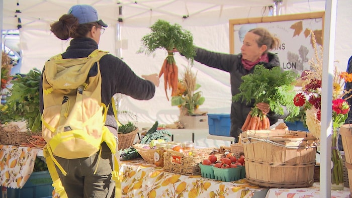 Une personne tend des carottes à une autre personne à un kiosque de légumes.