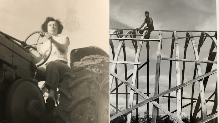 D'anciennes photos où on voit Helen Frey sur un tracteur et Larry Frey sur un échafaudage en construction.