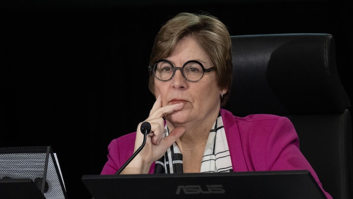 Commissioner Justice Marie-Josee Hogue looks around the room as she listens to counsel at the Public Inquiry Into Foreign Interference in Federal Electoral Processes and Democratic Institutions, Monday, January 29, 2024 in Ottawa.  THE CANADIAN PRESS/Adrian Wyld