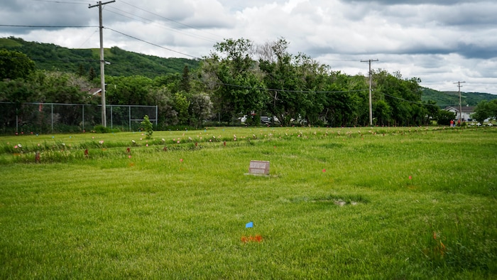 萨斯喀彻温省 Marieval 原住民寄宿学校遗址附近，小旗子标志着雷达指示的每个有遗骸的地点。
