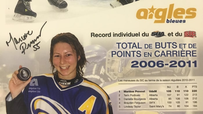 Sur une affiche, on voit Mariève Provost tenant une rondelle, avec ses statistiques à côté.