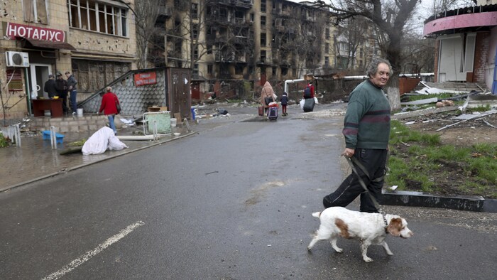 Un homme promène un chien dans une rue, près d'immeubles carbonisés.