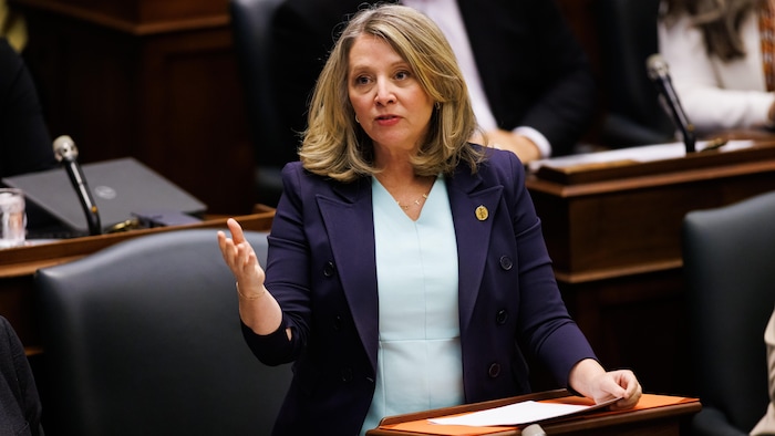 Marit Stiles prend la parole lors de la période de questions à Queen’s Park, à Toronto, le mardi 13 mai 2025.