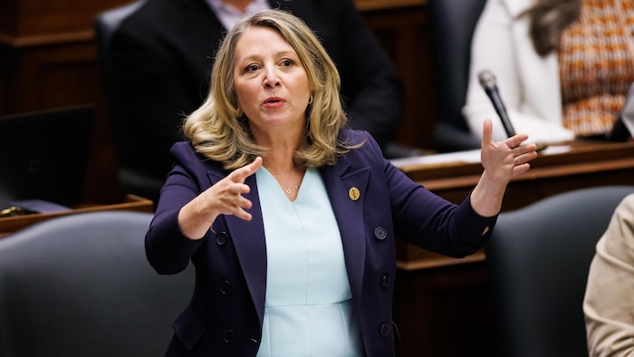 Marit Stiles prend la parole lors de la période des questions à l'Assemblée législative de l'Ontario.