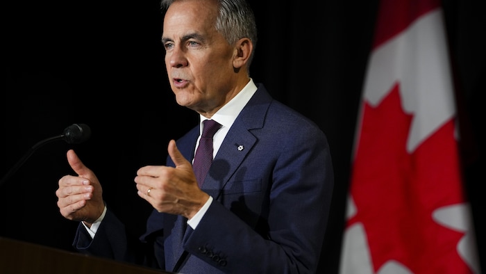 Le premier ministre Mark Carney tient une conférence de presse lors du sommet du G20 à Johannesburg, en Afrique du Sud, le dimanche 23 novembre 2025.