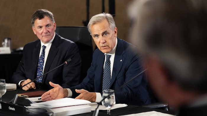 Mark Carney, assis à une table à côté de Dominic LeBlanc, fait un geste de la main en parlant pendant une réunion.