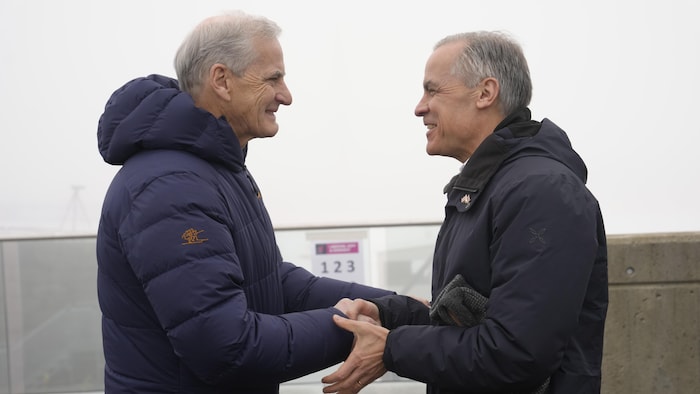 Mark Carney et Jonas Gahr Store se serrent la main.