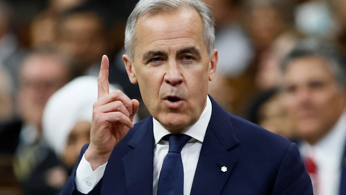 Le premier ministre Mark Carney lève un doigt pendant la période de questions à la Chambre des communes le 28 mai 2025.