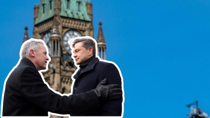 Un montage photograph de Mark Carney et Pierre Poilievre devant le Parlement d'Ottawa.
