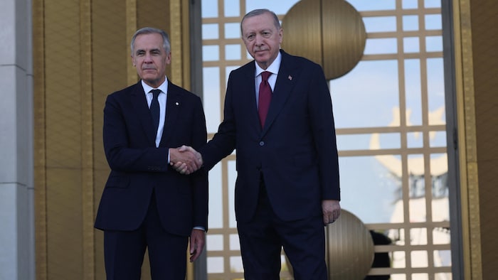 Le président turc Recep Tayyip Erdogan (à droite) accueille le premier ministre canadien Mark Carney (à gauche) lors d'une cérémonie officielle organisée au Complexe présidentiel, dans le cadre de la visite officielle de ce dernier en Turquie, à Ankara, le 22 octobre 2026.