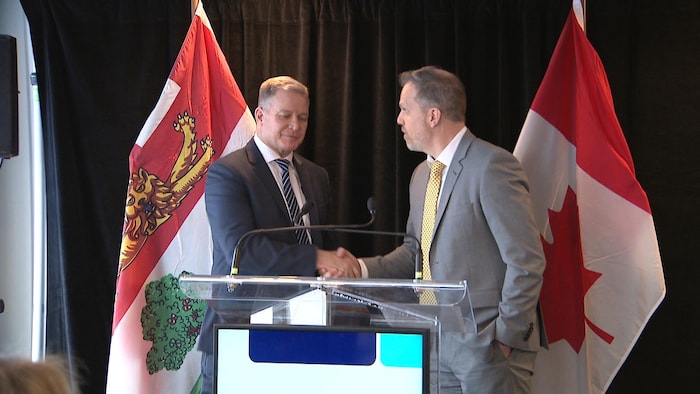 Un homme en veston gris clair, de profil, serrant la main à un homme en complet sombre, qui regarde par terre.