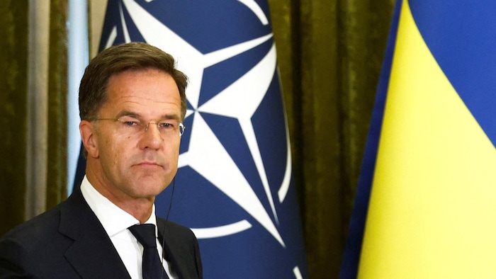 Un homme se tient devant le drapeau de l'OTAN et de l'Ukraine.